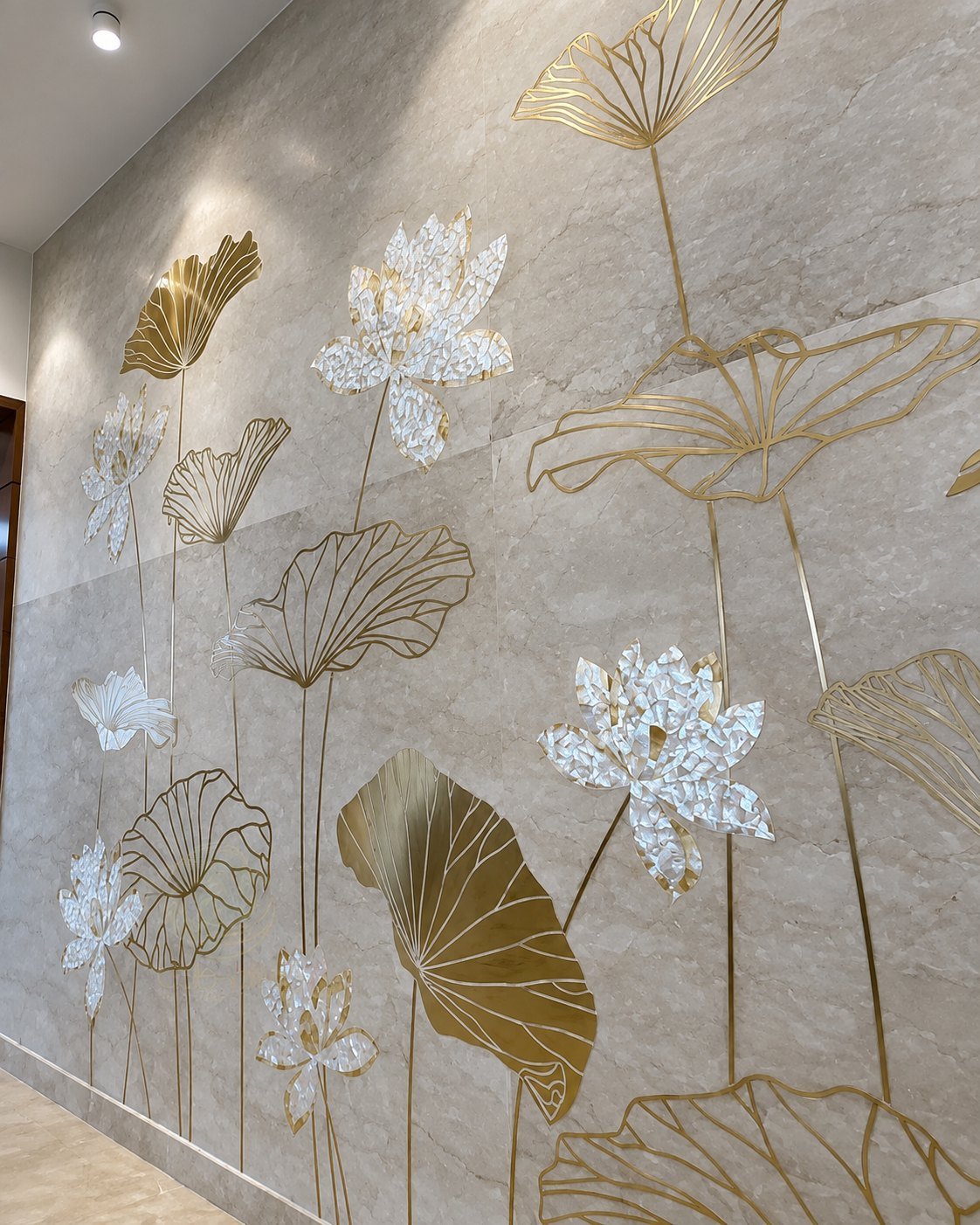 Brass and mother-of-pearl lotus inlay feature wall