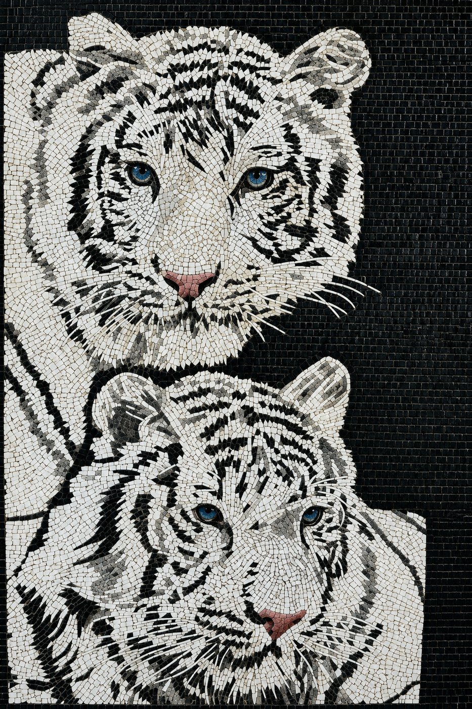 Stone mosaic art of two white tigers