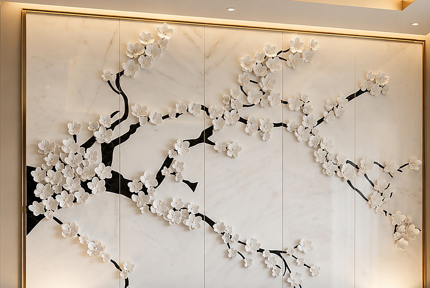 Cherry blossom marble mural with carved white blossoms