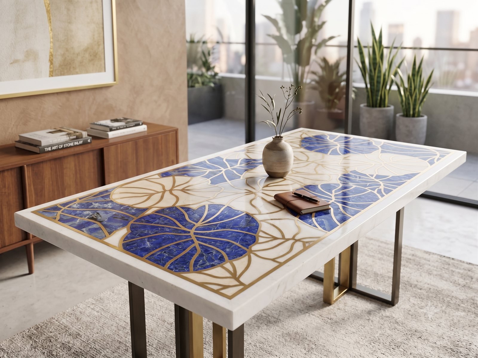 Semi-precious lapis lazuli pietra dura inlay tabletop